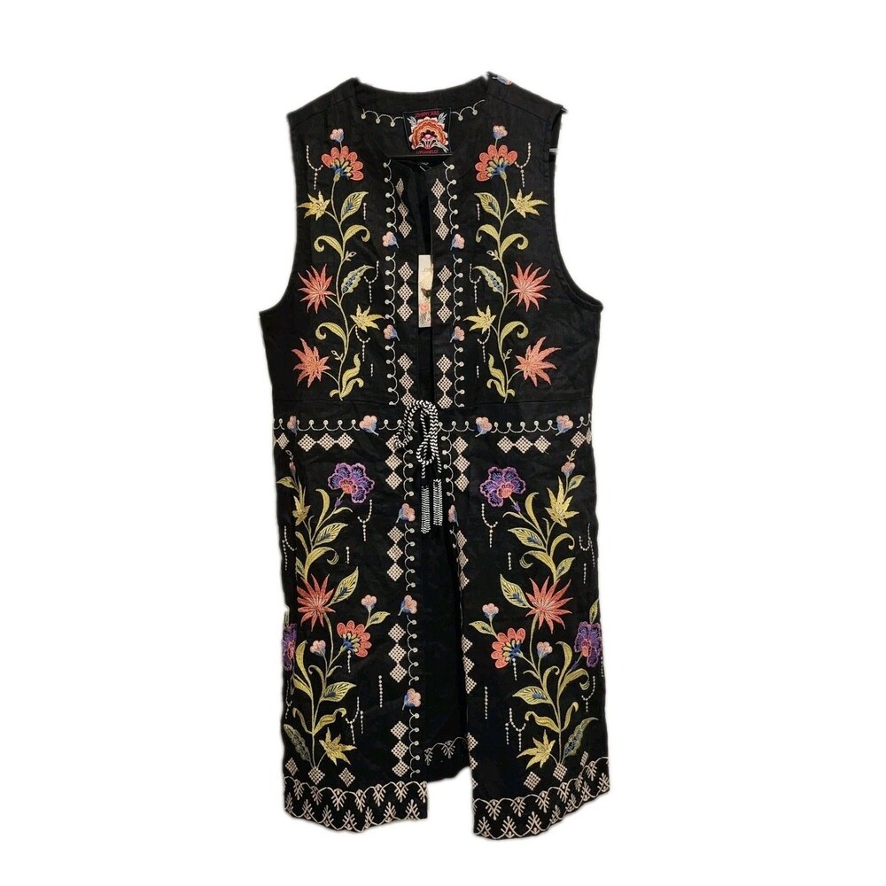 Johnny Was Linen Embroidered Floral Vest Black Size Small NWT